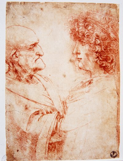 Två mansprofiler, en gammal man och en ung man. Den unge mannen representerar Gian Giacomo Caprotti, känd som Andrea Salai eller Salaij (cirka 1480-1524), Leonards elev och älskare. Ritning a la sanguine av Leonardo da Vinci (Leonard de Vinci) (1452-1519)  av Leonardo da Vinci