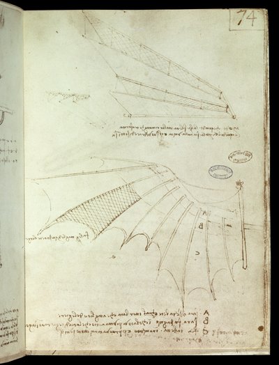 Vinge. Flygande maskinritning. Manuskript av Leonard De Vinci (Leonardo da Vinci av Leonardo da Vinci