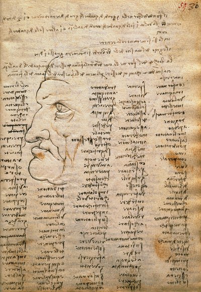 Ordlista och mansprofil, från Codex Trivulzianus av Leonardo da Vinci