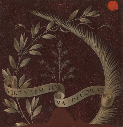 Krans av lager, palm och enbär med en rulla inskriven Virtutem Forma Decorat [omvänd], ca. 147 av Leonardo da Vinci