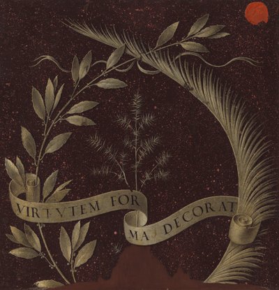 Krans av lager, palm och enbär med en rulle inskriven Virtutem Forma Decorat, c.1474-78 (tempera på panel) av Leonardo da Vinci