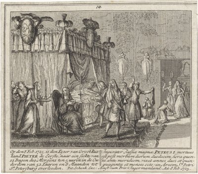 La mort de Pierre I le Grand, le 8 feb 1725 - Peter den stores död den 8 februari 1725, av Schenk, Leonard (1696-1767). Koppargravyr av Leonardus Schenk