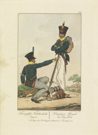 Två jägare, 1814-1818 Koninglyke Nederlandsche Jagers / Chasseurs Royale des Pays-Bas (titel på objekt) Sju uniformsföreställningar 1814-1818 (serietitel) av Leonardus Schweickhardt