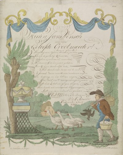 Önskebrev med en bonde och hans gäss av Leonardus Schweickhardt
