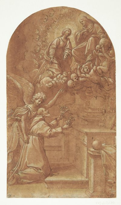 En knästående franciskan (franska från Assisi?), stödd av en ängel, håller fram blommor med båda händerna mot den tronande Kristus, som framträder buren av änglar och med Maria i förbön vid hans sida av Leonello Spada
