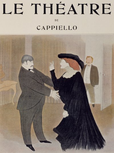 Skådespelarna Lucien Quitry och Jane Harding i scen från La Chatelaine, uppträdde på Renaissance Theatre i Paris, teckning av Leonetto Cappiello (1875-1942), titelsida för tidskriften Theatre, april 1903 av Leonetto Cappiello
