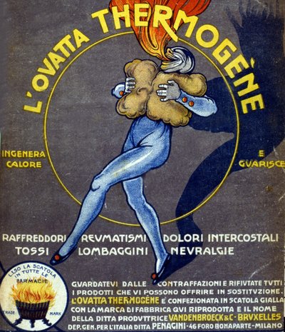 Annons för termogen bomullsull som botar förkylningar, inre smärtor, reumatism, hosta, neuralgi och ryggraden. Teckning av L. Cappiello (1875 - 1942) Italien, 1900-talet. av Leonetto Cappiello