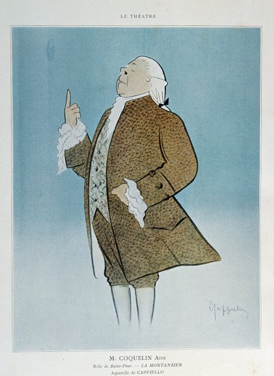 Komikern Constant Poppy Groin (1841-1909) i rollen som Saint Phar i Rejanes "La Montansier" 1904. Akvarell av Leonetto Cappiello (1875-1942) Paris. Dekorativ konst av Leonetto Cappiello