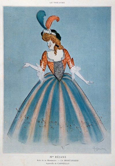 Komikern Gabrielle Charlotte Reyu kallade Rejane (1856-1920) i rollen som Montansier. Akvarell av Leonetto Cappiello (1875-1942) Paris, dekorativ konst av Leonetto Cappiello