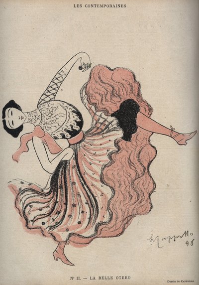 Porträtt av Caroline (La Belle) Otero (1868-1965), spansk dansare och kurtisan - teckning av Leonetto Cappiello (1875-1942) i ""The Rire"" från 1898 av Leonetto Cappiello