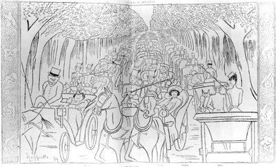 Scen, Music Hall och Operastjärnor från Belle Epoque-eran, kör i Bois de Boulogne, Avenue des Acacias, Paris, humoristisk karikatyr från 