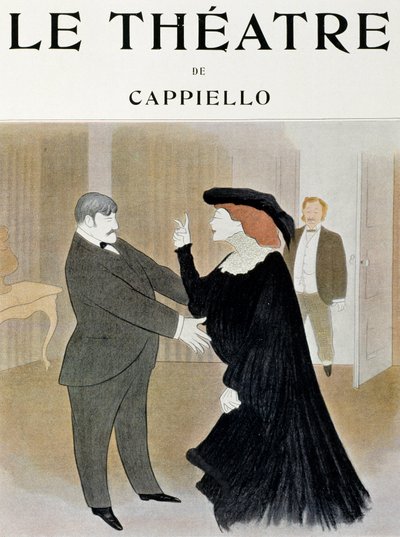 Skådespelarna Lucien Guitry (1860-1925) och Jane Harding i en scen från La Chatelaine, uppträdde på Renaissance Theatre i Paris - titelsidan för tidskriften Theatre, april 1903, Paris (tryckt) av Leonetto Cappiello