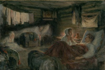 Natasha och den sårade prins Andrei i Mytishchi. Illustration till romanen Krig och fred, 1893. av Leonid Osipovich Pasternak