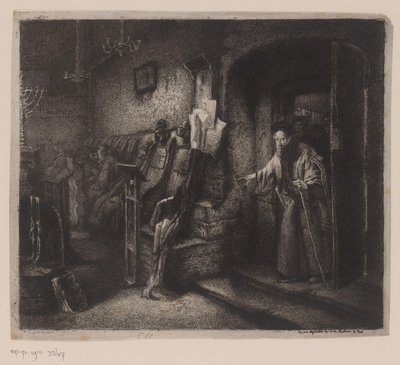 Interiör av en synagoga med troende av Leopold Flameng