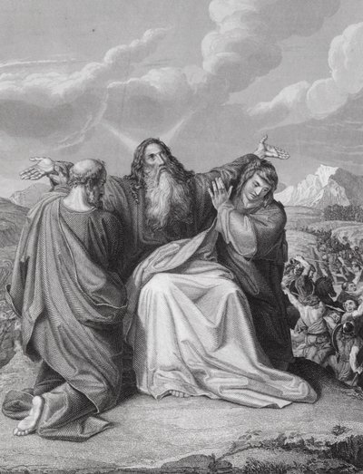 Moses håller upp sina händer, Andra Moseboken, kap 17, v 12 (gravyr) av Leopold Kupelwieser