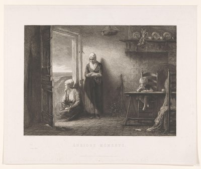 Två kvinnor och ett barn i ett fiskarhus i sanddynerna Efter stormen Anxious Moments (titel på objekt) av Leopold Lowenstam