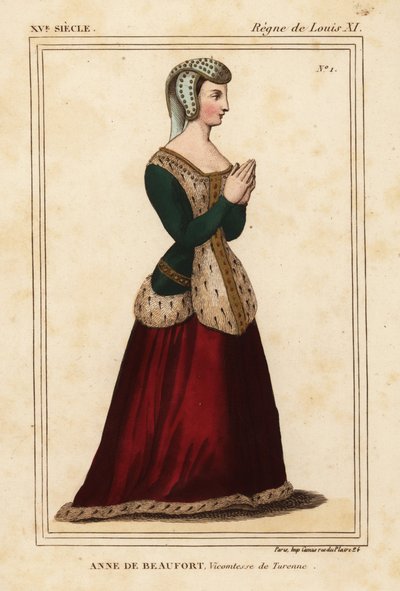 Anne Rogier de Beaufort, Viccountess de Turenne 1435-1479. Handfärgad litografi efter ett fönster i rostfritt glas i kyrkan Cordelieres de Nantes i Roger de Gaignieres portfölj VI 11 från Le Bibliophile Jacob aka Paul Lacroix