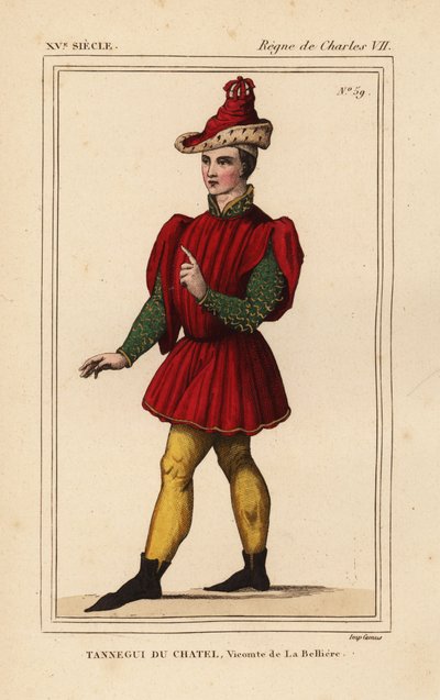 Tanneguy IV du Chatel, Viscount de la Belliere, stormästare på hotellet av Francis II, hertig av Bretagne, d. 1477. Handkolorerad litografi efter en figur i en gobeläng föreställande Ester och Mordecai i Roger de Gaignieres portfölj VI 132 från Le Biblioph av Leopold Massard