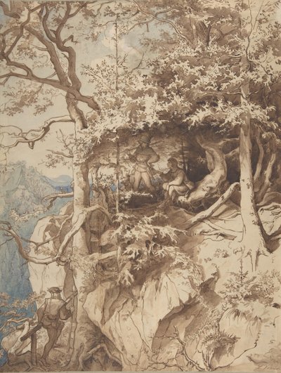 Jägare i en utsikt på ett berg, ca. 1870. av Leopold Venus