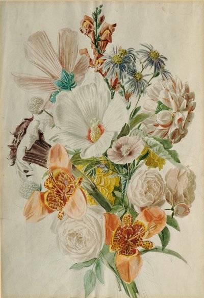 Bukett med hibiskus och liljor av Leopold von Stoll