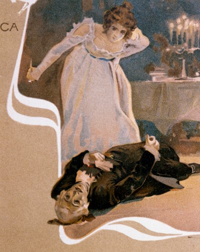 Vykort illustrerad av Leopoldo Metlicovitz (1868-1944) som visar scener från Tosca, opera av Giacomo Puccini (1858-1924) av Leopoldo Metlicovitz