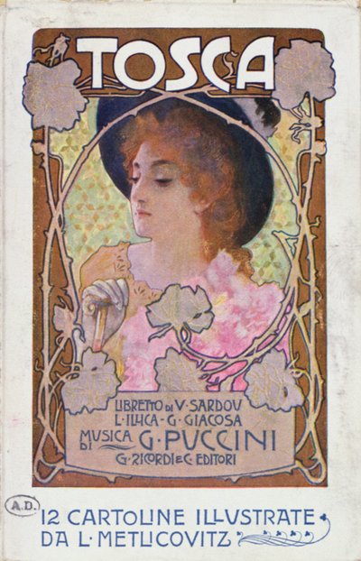 Titelsidan på notbladet för operan Tosca av Puccini, ca 1910 (färg litho) av Leopoldo Metlicovitz