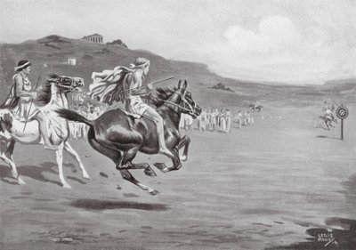 Grekiska ryttare som kastar spjut (litografi) av Leslie Mosley