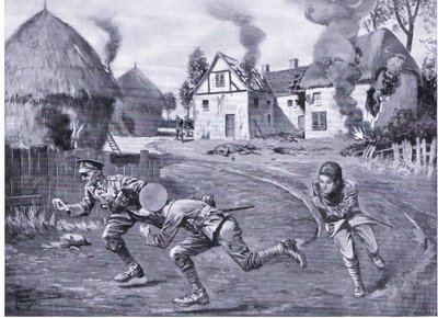 Sergeant Cooper och två kamrater rusade iväg under fiendens eld efter att ha tänt eld på en bondgård och flera ricks (DCM) (litho) av Leslie Mosley