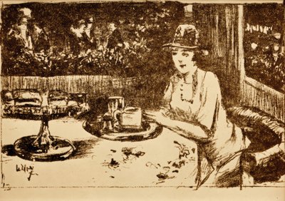 I kaffestugan. Dam vid bordet på verandan av Lesser Ury