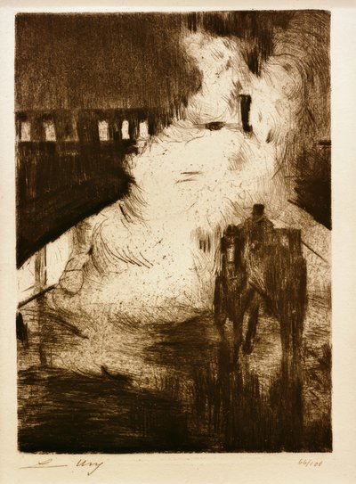 L.Ury, Nocturnal Impressions (med en hästvagn framför ett ångande lokomotiv) av Lesser Ury