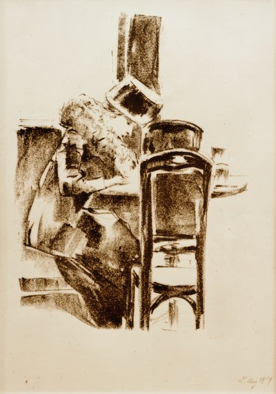 Skrivande dam med hatt och boa i caféet av Lesser Ury