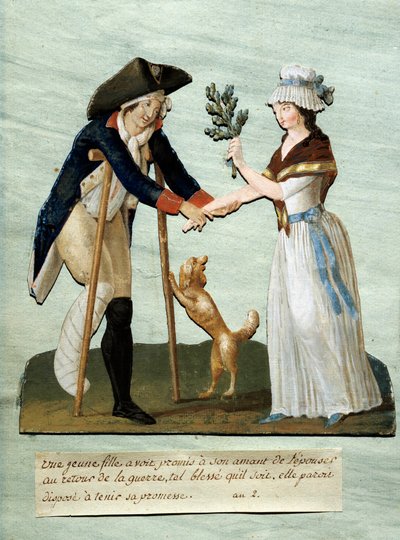 Franska revolutionen: "" en ung flicka hittar sina utlovade sår efter kriget och håller sitt löfte att gifta sig med henne"" Gouache des brothers Lesueur (1700-talet). Paris Musee Carnavalet av Lesueur Brothers