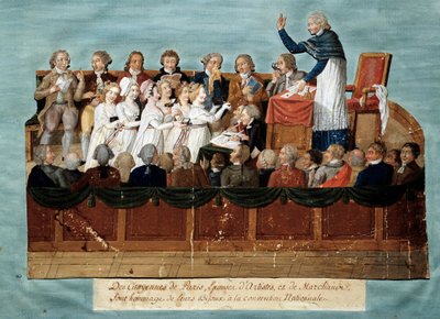 Franska revolutionen: "" medborgare i Paris erbjuder sina smycken till den nationella kongressen"" Illustration des Freres Lesueur (1700-talet). 1792-1795. Paris, musee Carnavalet - Engelska revolutionen - Medborgarna i Paris donerar sina smycken till Nati av Lesueur Brothers