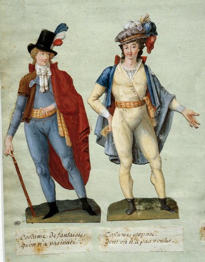 Franska revolutionen: kostymer av fantasirevolutionärer som inte har imiterats. Gouache des freres Lesueur (1700-talet) av Lesueur Brothers
