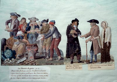 Scener under den franska revolutionen: "" brödkorthet, pengaförsäljare och annuitter som säljer sina effekter"". Gouache av bröderna Lesueur, cirka 1789. Musee Carnavalet, Paris av Lesueur Brothers
