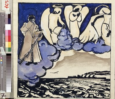 ""Kriget. Ryssland. 1914"" Allegori över första världskriget. En soldat och änglar. Penna och gouache av Lev Bruni (1894-1948) 1914 Statens museum för historia, arkitektur och konst, Rybinsk, Ryssland av Lev Aleksandrovitc Bruni