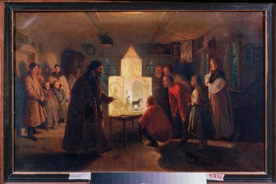 Den magiska lyktan i ett bondhus - Målning av Lev Grigorievich Solovyev (1837-1919), olja på duk av Lev Grigoryevich Solovyev