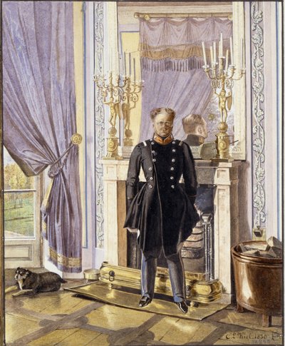 Porträtt av storhertig Constantin Pavlovich av Ryssland (1779-1831), framför den öppna spisen. (Porträtt av storhertigen Konstantin Pavlovich av Ryssland vid den öppna spisen). Verk av Lev Ivanovich Kiel (?-1851), akvarell på papper av Lev Ivanovich Kiel
