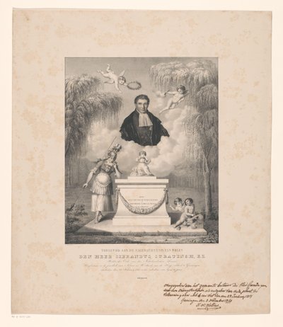 Porträtt av Sibrandus Stratingh Tillägnad minnet av framlidne herr Sibrandus Stratingh, E.Z. (titel på objekt) av Levi Michiel Bendix