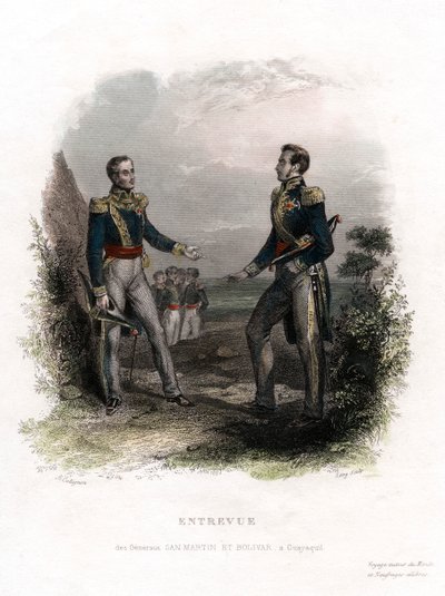 Möte mellan generalerna San Martin och Bolivar, Guayaquil, Ecuador, 1822, 1800-talet. av Levy
