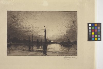 Solnedgång vid Rhen nära Köln (etsning) av Lewis Henry Meakin