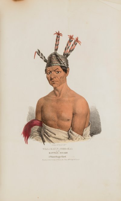 WAA-KAUN-SEE-KAA eller skallerormen; en Winnebago-hövding, från The Aboriginal Portfolio av Lewis, James Otto