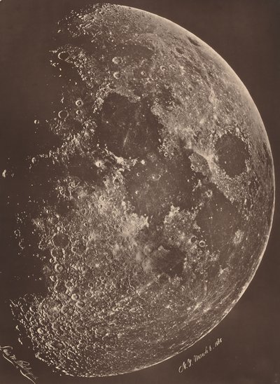 Fotografi av månen vid dess 1:a kvartal, 6 mars 1865. av Lewis Morris Rutherford