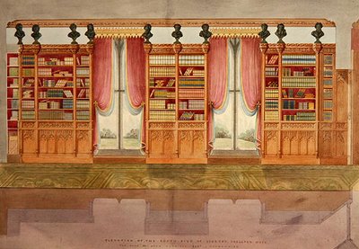 Höjd av södra sidans bibliotek, Snelston Hall, Derbyshire (penna, penna, bläck och akvarell på papper) av Lewis Nockalls Cottingham