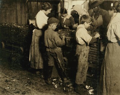 10-åriga Jimmie som har shuckat 3 år (6 krukor om dagen) med en 11-årig pojke som shuckar 7 krukor på Varn und Platt Canning Co., Bluffton, South Carolina, 1913 av Lewis Wickes Hine