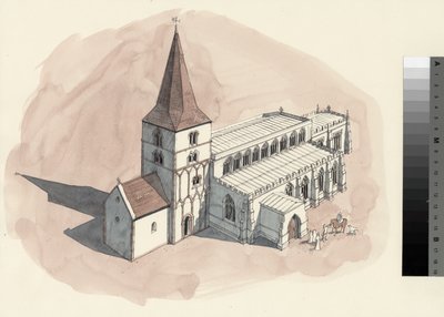 Rekonstruktionsteckning av Peterskyrkan under 1400-talet (akvarell på papper) av Liam Wales