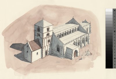 Rekonstruktionsteckning av Peterskyrkan under 1700-talet (akvarell på papper) av Liam Wales