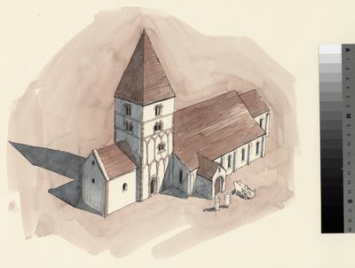 Rekonstruktionsritning av Peterskyrkan under normandisk tid (akvarell på papper) av Liam Wales