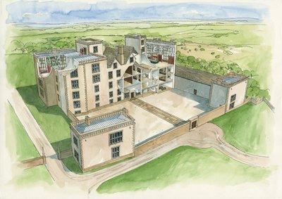 Rekonstruktion av Hardwick Old Hall 1620 (akvarell på papper) av Liam Wales