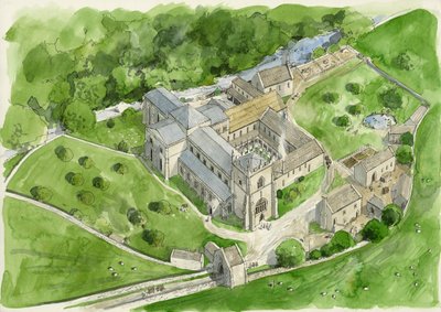 Rekonstruktion av Shap Abbey på 1530-talet (akvarell på papper) av Liam Wales